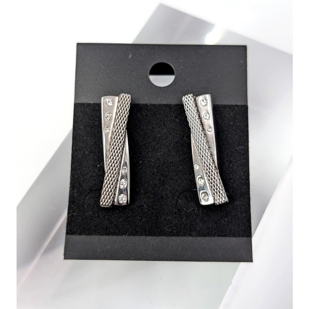 SKAGEN Drop Earrings Milanese Silver Tone Rhinestone Stud Minimalist Sleek